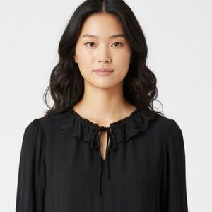 BODEN BLACK LONG SLEEVE TOP W/ RUFFLE COLLAR & KEYHOLE TIE, RUFFLE SLEEVE DETAIL